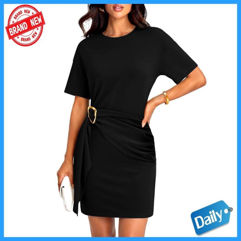 Short Sleeve Mini Dress Ruched Tie Waist Slim Fit Casual Beach Party
